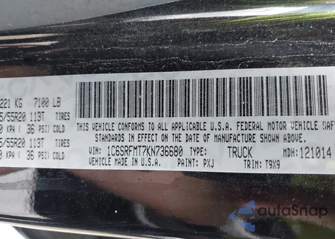 2019 Ram 1500 Big Horn/Lone Star 4X4 6'4 Box из США, поврежденный, VIN 1C6SRFMT7KN736680